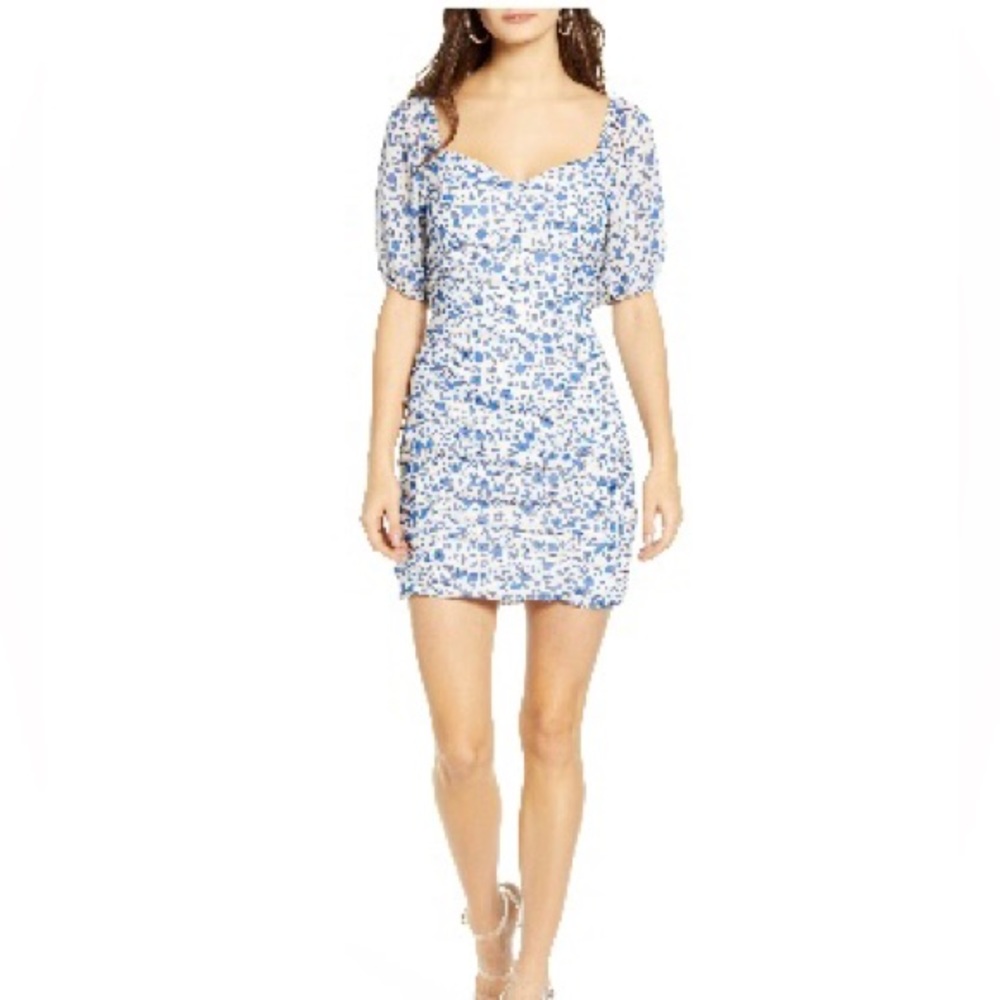 NWT All in Favor Sasha Ruched Minidress in Ivory Blue Floral